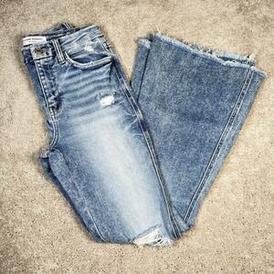 Flying Monkey Jeans Women's 26 Blue Distressed High Rise Flare Stretch Raw Hem